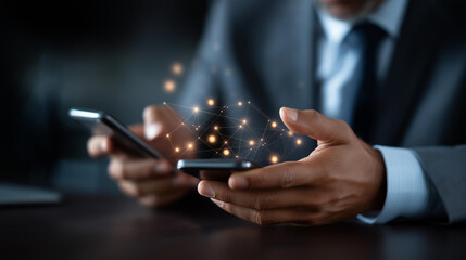 Faceless businessman hands using mobile devices blockchain technology interaction global network connectivity blockchain solutions operation digital transformation process
