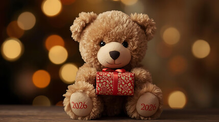 Obraz premium Fluffy Teddy Bear Holding Red Gift Box with 