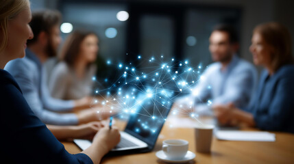 Business meeting with digital network connection global communication concept technology solutions visualization corporate collaboration display professional consultation