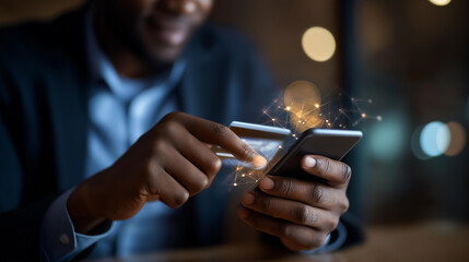 Obraz premium Faceless person making secure online payment credit card fingerprint scan digital transaction concept fintech security mobile payment e commerce data protection