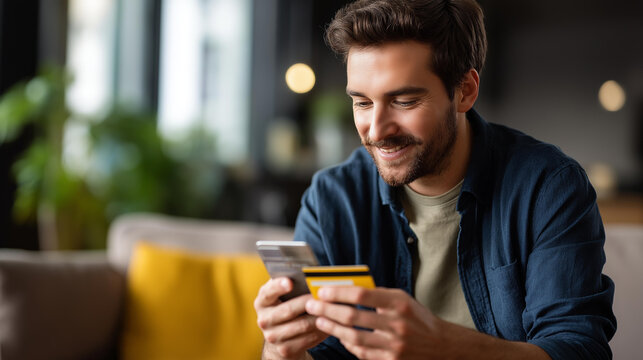 Faceless happy man hands with credit card sofa phone payment discount online shopping transaction typing fintech apartment bank purchase ecommerce defocused home background