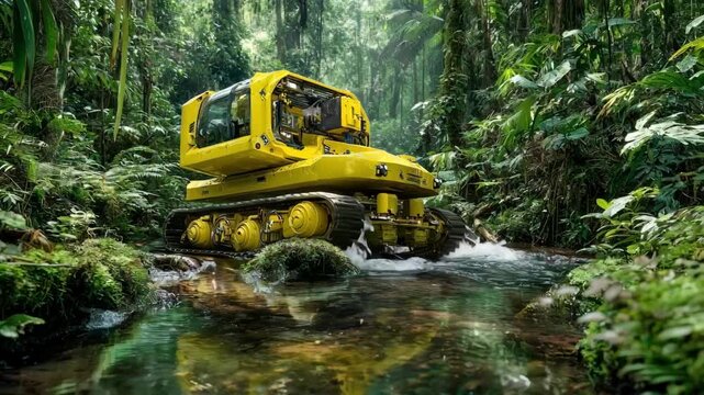 Medium shot of a crawler robot carefully extracting water samples from a shallow stream in a dense forest environment