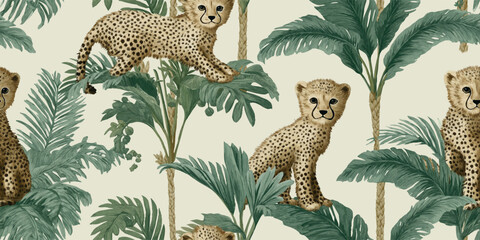 Exotic pattern featuring young cheetah cubs posing among detailed tropical palm and banana leaves on a light neutral background for fabrics, wallpapers, and adventurous branding © Eli Berr