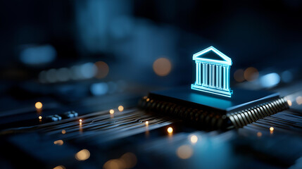 Digital bank icon on glowing circuit board fintech financial technology innovation electronic banking representation secure transaction system modern payment platform