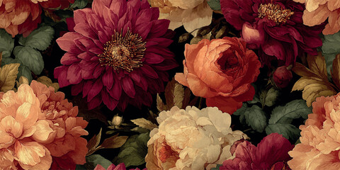 Dramatic floral pattern showcasing large, intricate dahlias, peonies, and roses in jewel tones of burgundy, coral, and cream on a dark background for design, fabrics, and exclusive stationery © Eli Berr