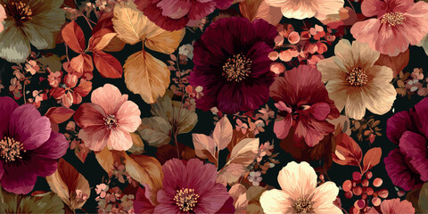 Dramatic floral pattern showcasing large, intricate flowers in jewel tones of burgundy, coral, and cream on a dark background for design, fabrics, and exclusive stationery.