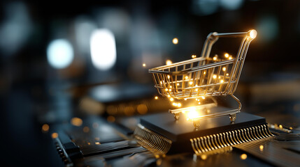 Futuristic e commerce technology with glowing shopping cart icon digital processor chip display online retail innovation fintech data network cyber marketplace system