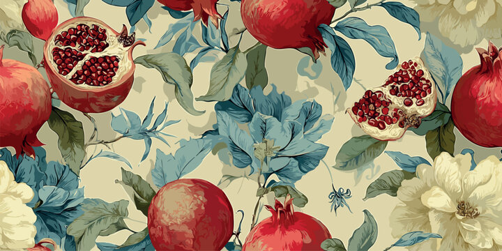 Opulent botanical pattern showcasing red pomegranates and neutral flowers with dusky blue leaves on a light cream background for luxury fabrics, packaging, and interior design