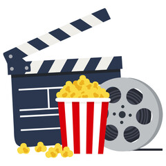 Movie night composition: popcorn, clapperboard, and film reel illustration. Vector flat movie graphic design element concept. © Алла Машичева