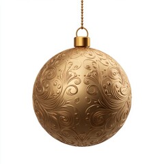 Elegant metallic gold Christmas bauble with ornate floral relief decorations suspended on a chain white background