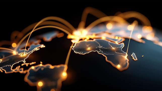 Global cashless payment network visualization glowing data lines world map futuristic fintech theme international transaction display digital finance connectivity - Powered by Adobe