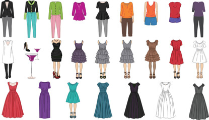 Colorful cartoon women’s fashion set with dresses, blouses, pants, heels, and accessories for style, retail, and design themes.