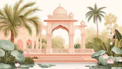 Indian palace pavilion with lotus pond and palm trees architecture dome