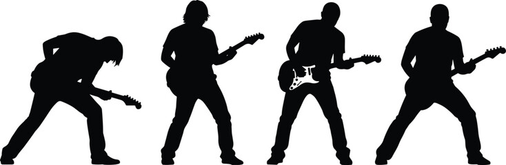 Set of Eight Energetic Rock Musician Guitarist Silhouettes Playing Electric Guitar on Stage, Dynamic Poses for Concert Performance, Music Band Vector Design