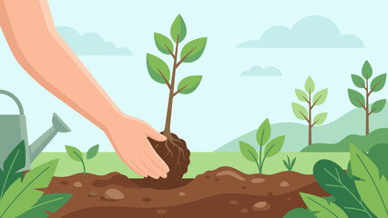 Fototapeta premium Hand planting young tree sapling in soil. Reforestation environmental care concept. Nature conservation ecology. Garden growth. Agriculture sustainability. Save planet. Flat vector