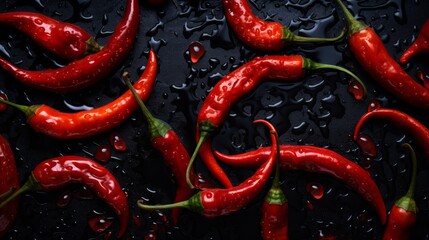 Fresh red chili peppers scattered on dark surface with water droplets showcasing vibrant color and texture