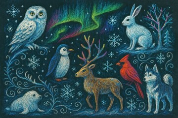 Fototapeta premium Snowy night with polar bear, owl, deer and rabbit in glowing forest, calm Christmas and New Year illustration. 