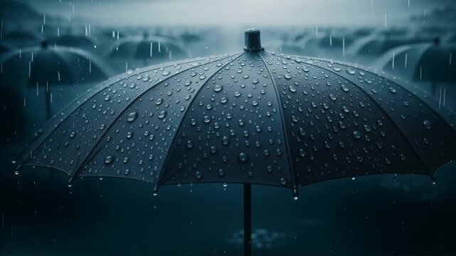 Domed umbrella beaded with raindrops during heavy downpour. Close-up shot changes to panorama of multiple umbrellas