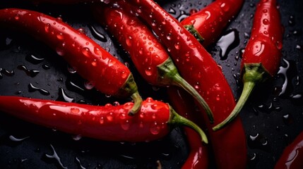 Fresh red chilies with water droplets on black background showcasing vibrant color and texture