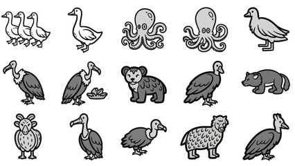 Fototapeta premium Cartoon animal illustrations ducks octopus vultures bears and other wildlife