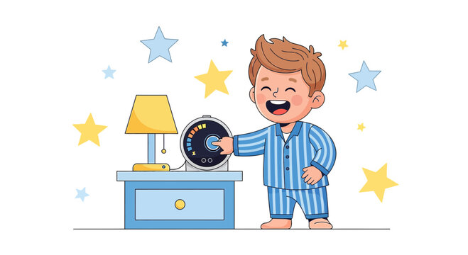 Boy in pajamas playing with time machine next to lamp under stary decoration