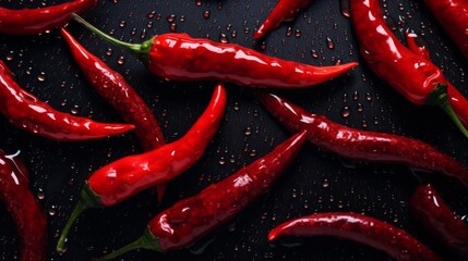 Fresh red chili peppers arranged artistically on a dark surface with droplets of water for a vibrant culinary background