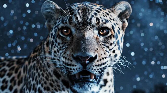 Majestic Leopard Head Portrait With Intense Gaze Against A Dark Starry Night Sky With Subtle Blue Lighting And Defocused Bokeh Effect