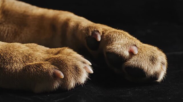Close Up Macro Shot of a Lion's Paw with Visible Claws and Fur Texture Against a Dark Black Background Soft Dramatic Lighting Reveals Natural Animal Detail