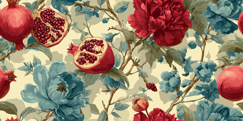 Opulent botanical pattern showcasing red pomegranates and neutral flowers with dusky blue leaves on a light cream background for luxury fabrics, packaging, and interior design
