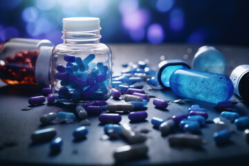 Colorful array of capsules and pills spilling out from glass containers on a reflective surface with a blurred background