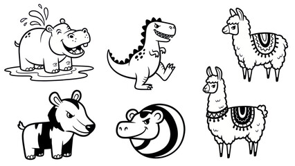 Cartoon animal set hippo dinosaur llama zebra black and white illustrations © Vgg