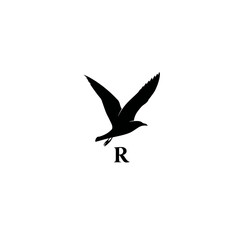 Obraz premium Abstract black flying bird silhouette with bold letter R icon on clean white background, minimalist graphic design element.