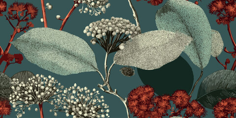 Stylized botanical pattern featuring eucalyptus leaves, pom-pom flowers, and branches in muted sage green and terracotta red on a deep teal background for contemporary wallpapers and fabrics