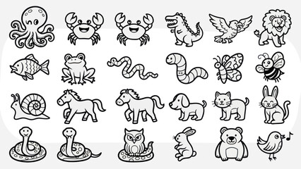 Cartoon animal collection set black and white illustrations for various uses © jupri