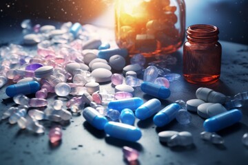 Colorful assortment of various pharmaceutical pills and capsules scattered on a dark surface with a warm glowing light behind