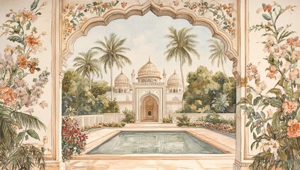 Watercolor painting of an ornate archway framing a tranquil courtyard with a reflecting pool and Mughal architecture