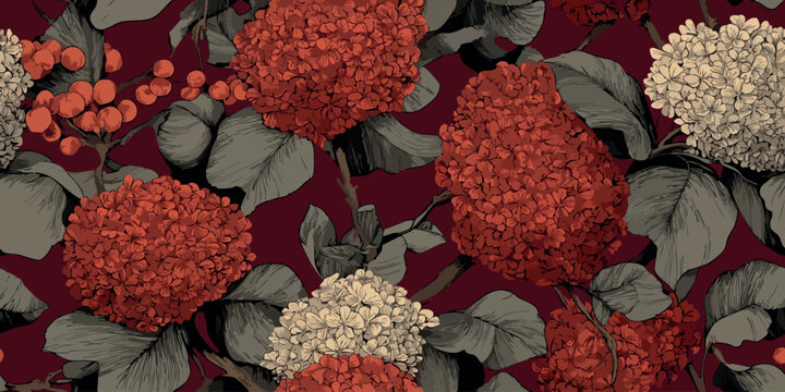 Intense botanical pattern with engraved-style red hydrangeas, berries, and dark foliage on a deep burgundy background for dramatic wallpapers, fabrics, and bold design