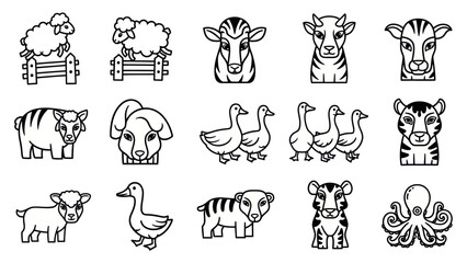 Cartoon animal collection sheep cow goose tiger and octopus illustrations © jupri