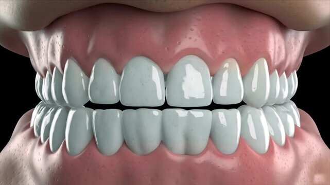 Realistic detailed 3D dental illustration showing upper and lower human teeth structure with gums highlighting tooth alignment enamel surface anatomy and oral health visualization