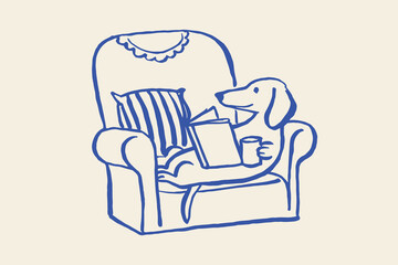 Dachshund reading book in armchair doodle vector illustration	