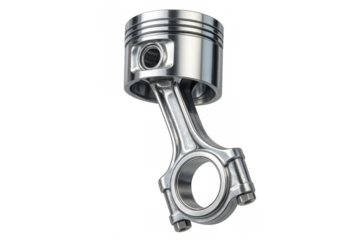 Piston and connecting rod assembly representing automotive mechanics, motor parts, and industrial components, isolated
