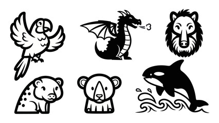 Cartoon animal illustrations parrot dragon lion leopard bear dolphin
