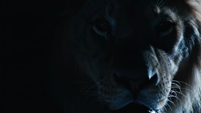 Close up majestic lion with glowing eyes in dark forest with rim lighting dramatic mood intense gaze powerful predator wild animal wildlife conservation nature concept