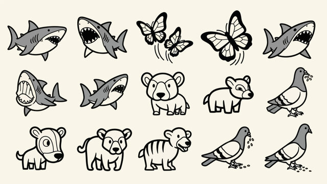 Cartoon animal set sharks butterflies bears and pigeons isolated elements