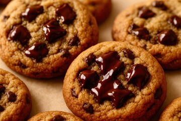 A plate of chocolate chip cookies with chocolate icing