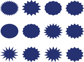 Set of blue blank starburst and oval badge shapes for promotional design. Versatile vector elements ideal for stickers, labels, tags, and marketing graphics. Clean silhouette icons ready for custom 