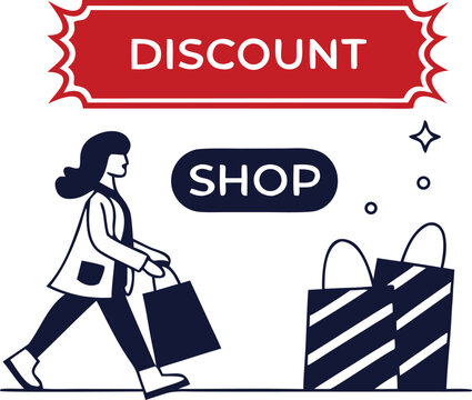 Shopping discount illustration featuring a woman carrying bags toward store items. Modern retail design with bold sale and shop labels. Clean vector graphic ideal for marketing and promotional - Powered by Adobe