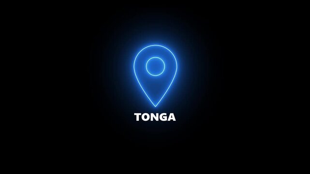 Neon blue location pin icon with the word TONGA on a black background marker navigation