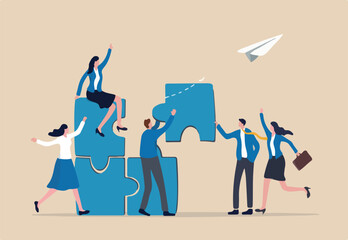 Employee engagement improve involvement or encourage employee success together, increase value and workplace motivation concept, happy business people, employees help complete jigsaw in their office