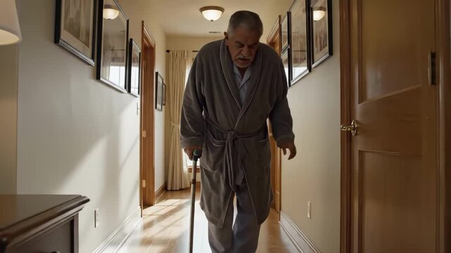 elderly man walking down hallway slowly with cane, pill bottle on table in foreground, robe and slippers, warm morning light through doorway, quiet domestic interior, visible fatigue and cautious
